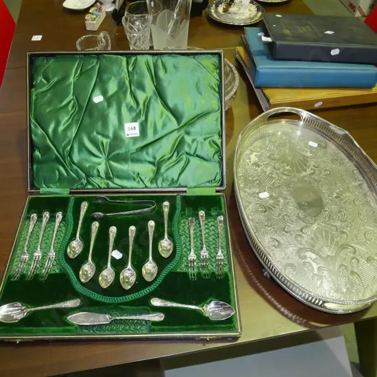 cased Walker and Hall cutlery set, footed plated tray