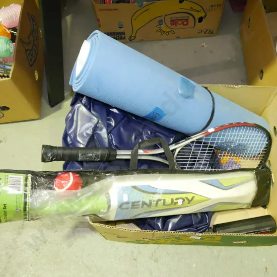 box; bed roll, air bed, tennis racket, cricket set