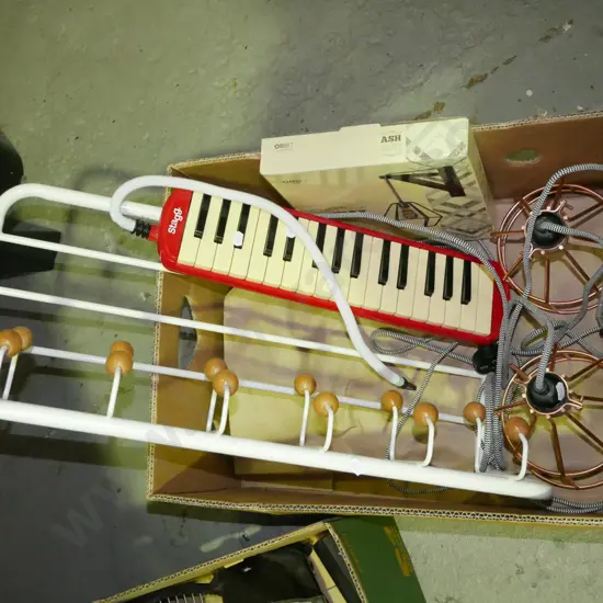 box; modern light fittings, coat rack, melodica