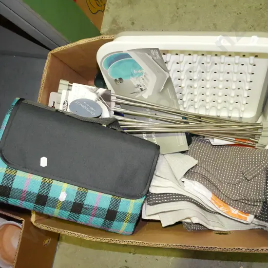 box; picnic blanket, drying rack, tea towels etc