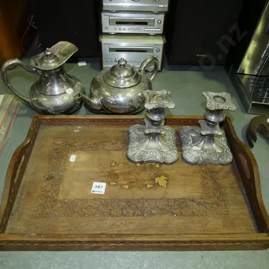 plated ware; candlesticks, tray etc