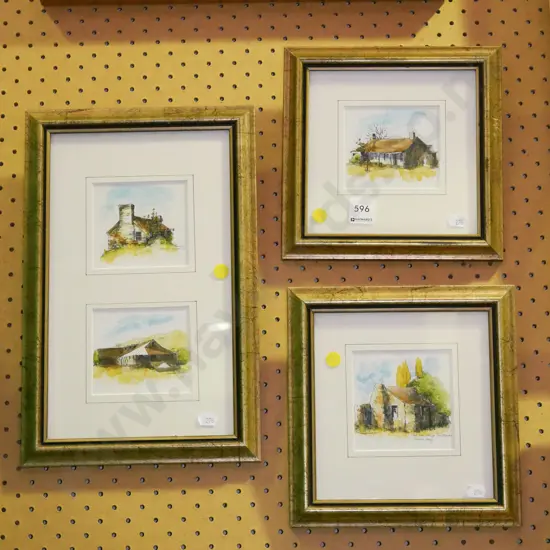 3 small  framed watercolours - buildings - yellow dots