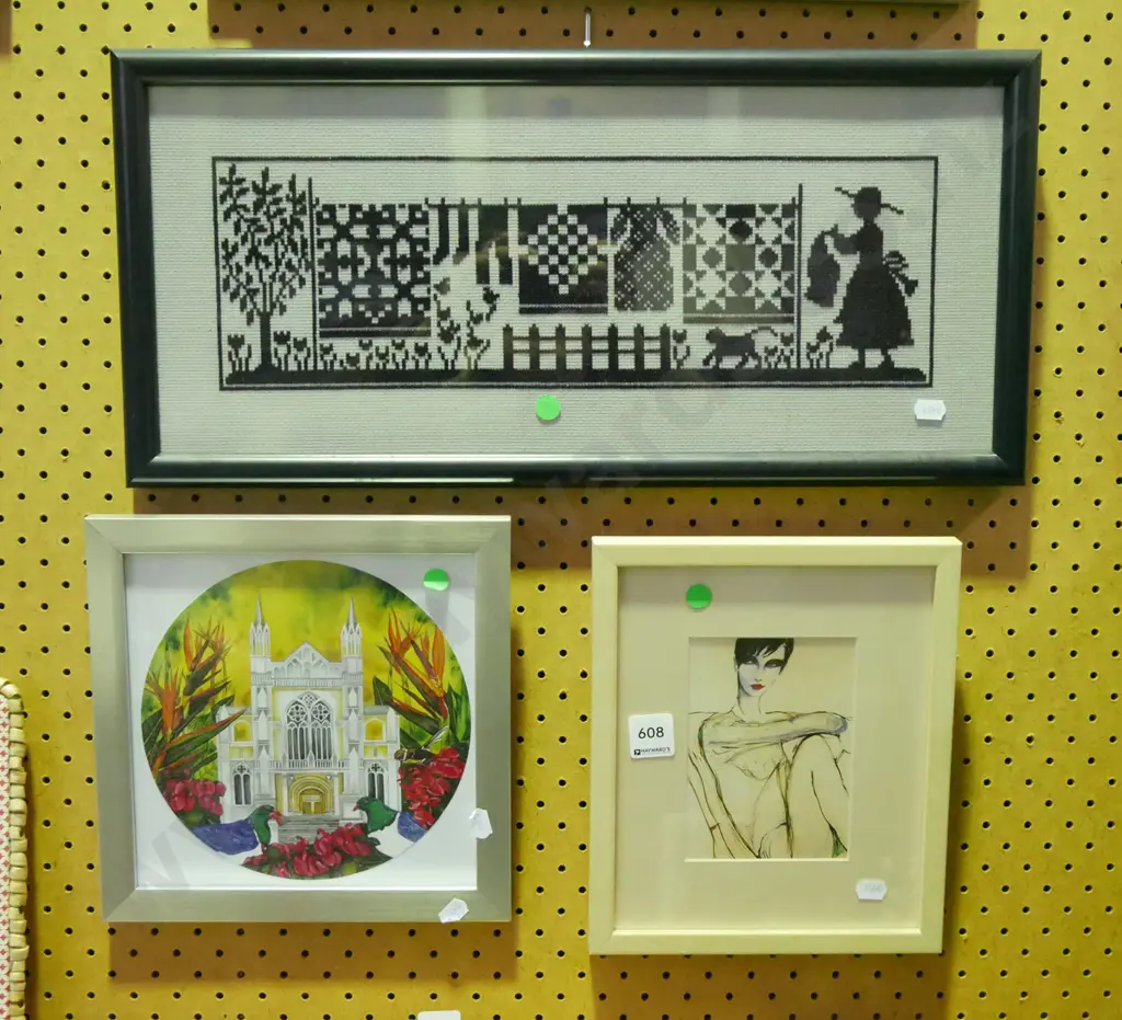 2 framed prints, framed needlework - green dots Image 1++