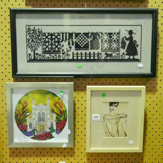 2 framed prints, framed needlework - green dots