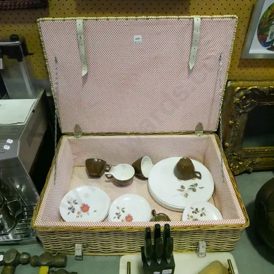 picnic hamper, cups, plates