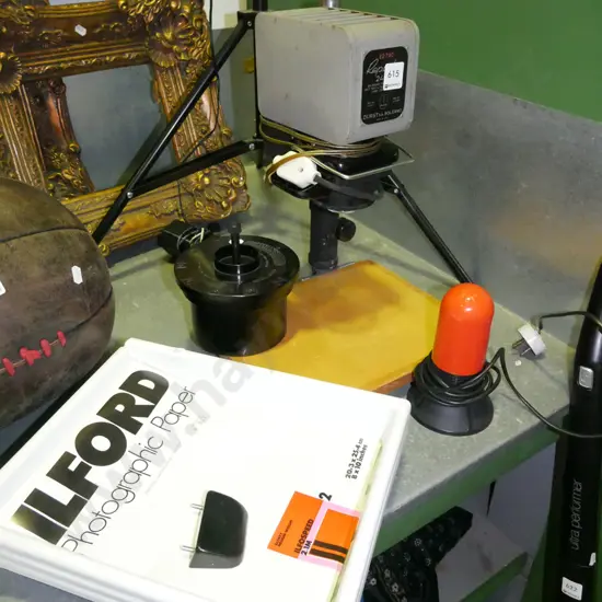 vintage photographic enlarger, darkroom light, tray etc