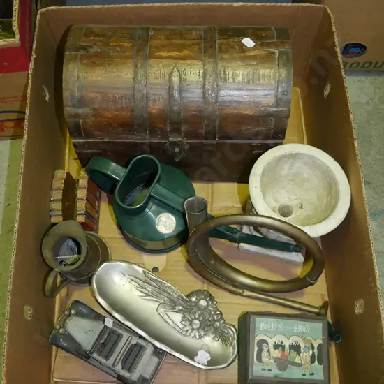 box; wooden chest, watering can, garden urn etc