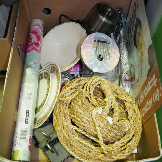 box; seagrass baskets, plates, wall paper, stove top espresso etc