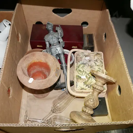 box; sewing box, knight figurine, small jardiniere stands etc
