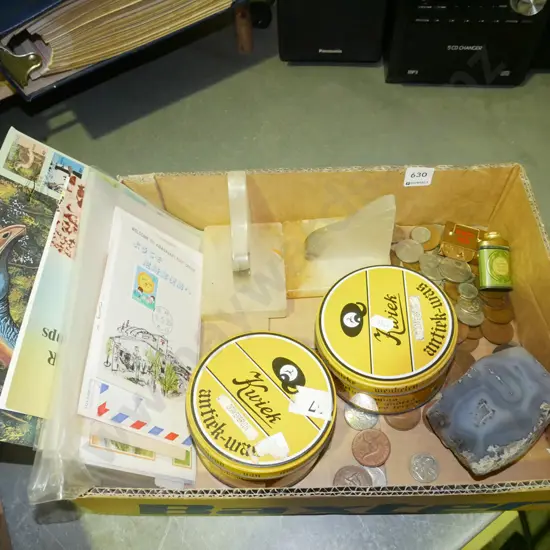 box; shoe polish, coins, ephemera etc