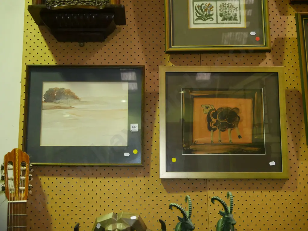 2 framed watercolour - beach scene, sheep - yellow dots Image 1++