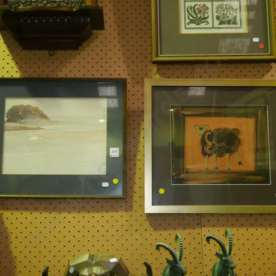 2 framed watercolour - beach scene, sheep - yellow dots