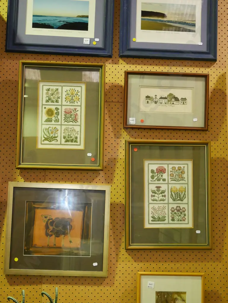 3 framed needleworks - red dots Image 1++
