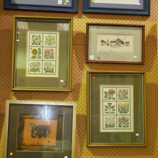 3 framed needleworks - red dots