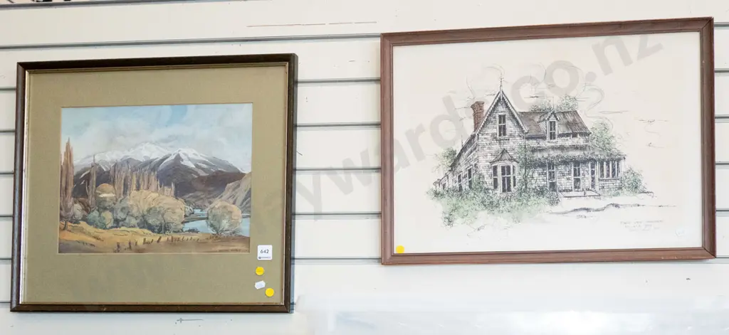 framed William Harris watercolour - mountain scene (foxing) and a framed homestead print - yellow dots Image 1++
