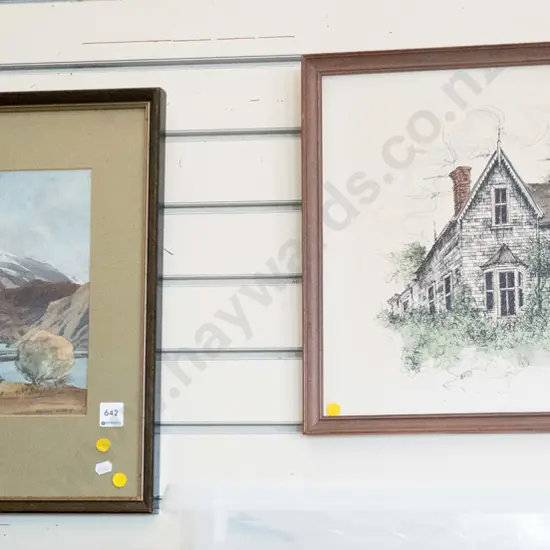 framed William Harris watercolour - mountain scene (foxing) and a framed homestead print - yellow dots