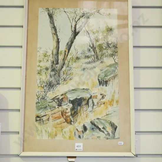 framed ink and watercolour - trees and rocks