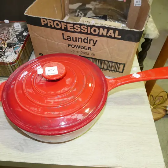 cast iron red enamel frying pan