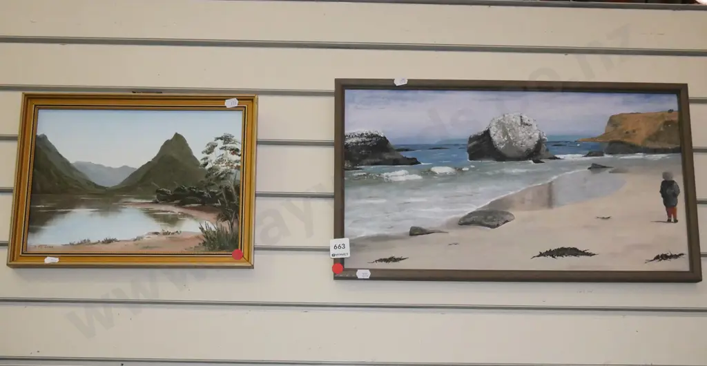 2  small framed oils - mountain scene, coastal scene - red dots Image 1++