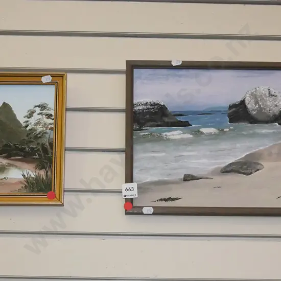 2  small framed oils - mountain scene, coastal scene - red dots