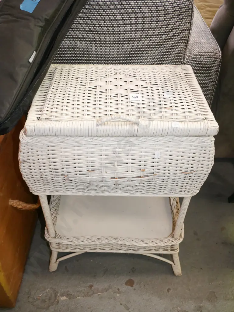 white painted woven cane sewing basket and stand Image 1++