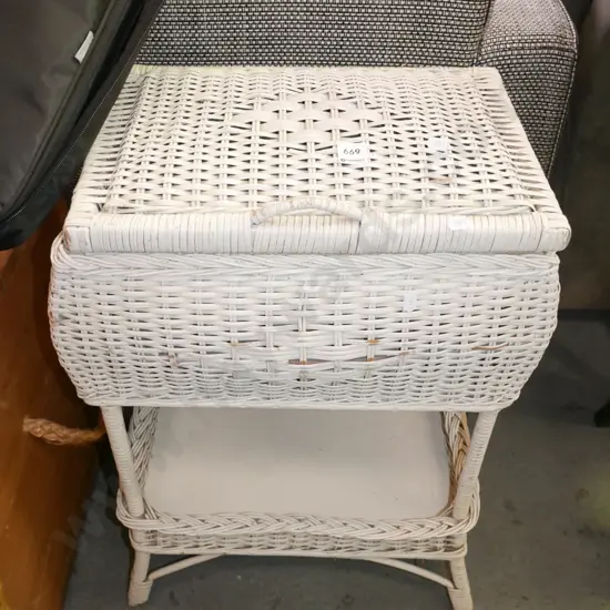 white painted woven cane sewing basket and stand