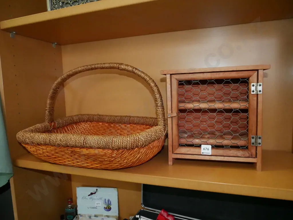 small wood egg cupboard & cane basket Image 1++