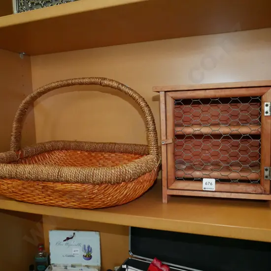small wood egg cupboard & cane basket