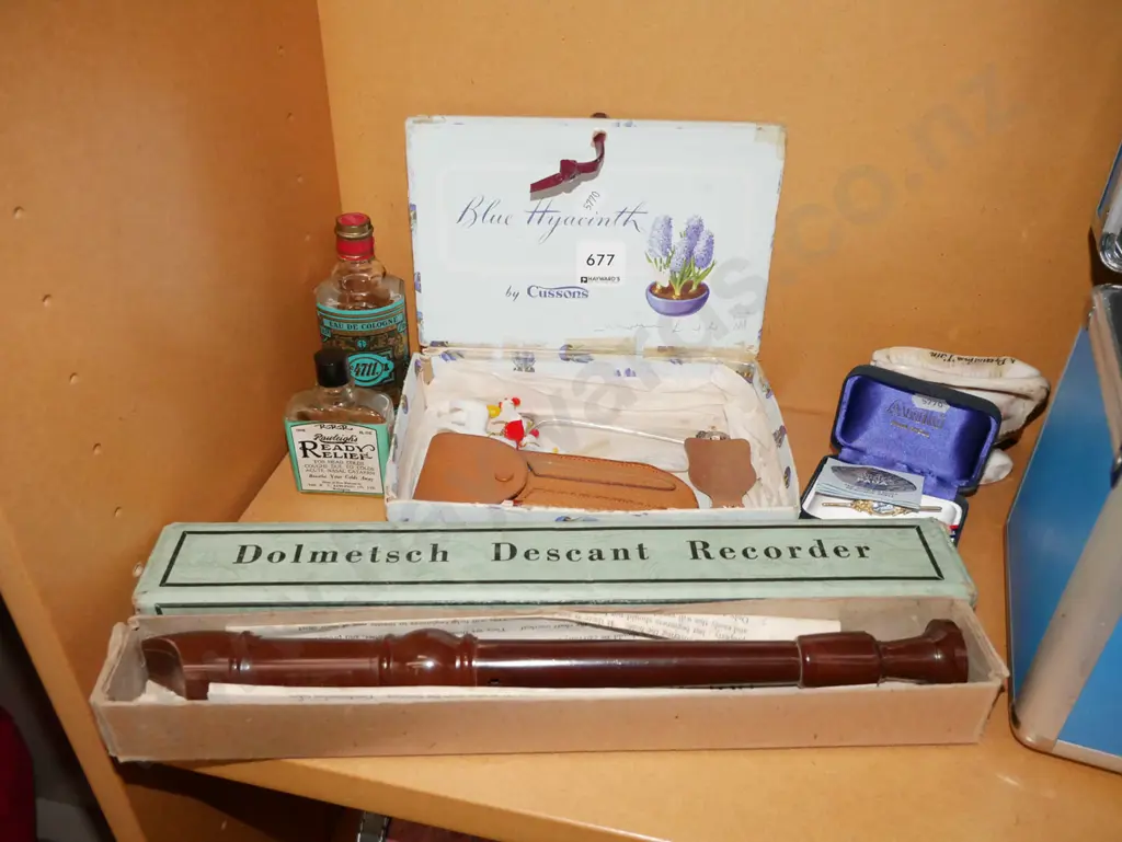 recorder in box, retro cologne, paua brooch etc Image 1++
