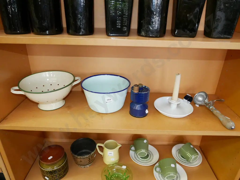 enamel colander, bowl, pepper grinder, candlestick & ice cream scoop Image 1++