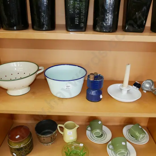 enamel colander, bowl, pepper grinder, candlestick & ice cream scoop