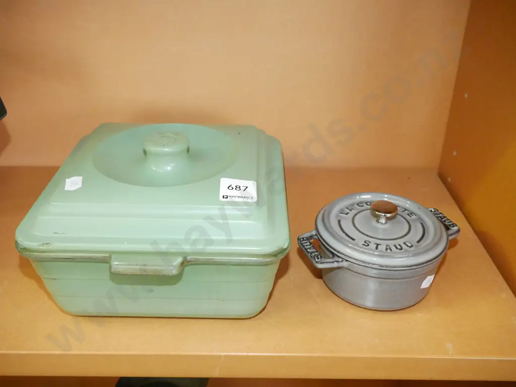 retro green glass casserole dish & very small Staub lidded casserole Image 1++