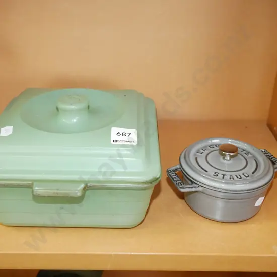 retro green glass casserole dish & very small Staub lidded casserole
