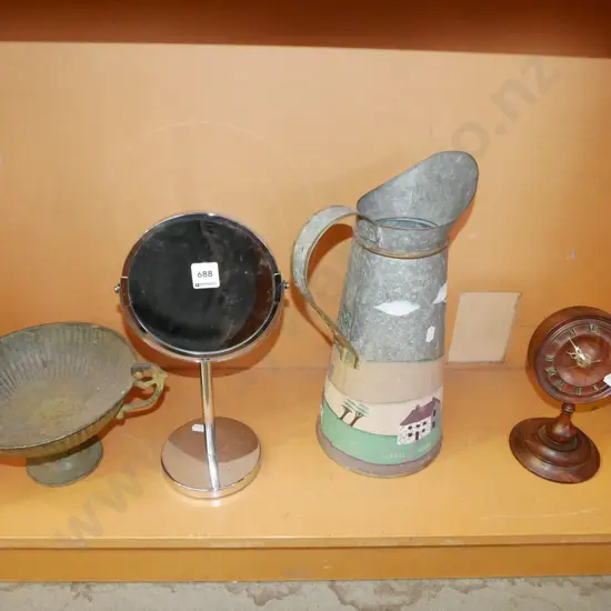 make up mirror on stand, hand painted decorative jug & wooden clock