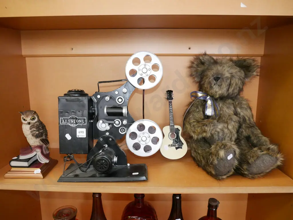 reproduction tin vintage tin film projector, owl figurine, teddy bear etc Image 1++