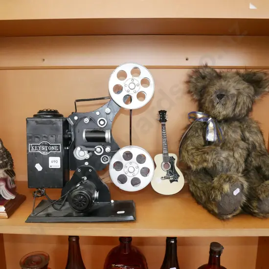 reproduction tin vintage tin film projector, owl figurine, teddy bear etc