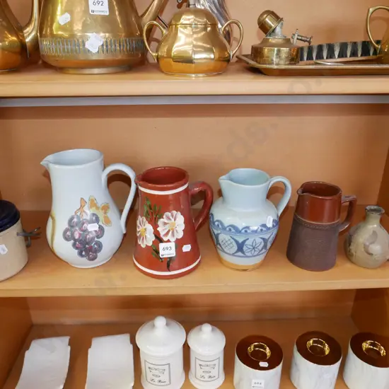 shelf, pottery & stoneware jugs, lidded storage canister