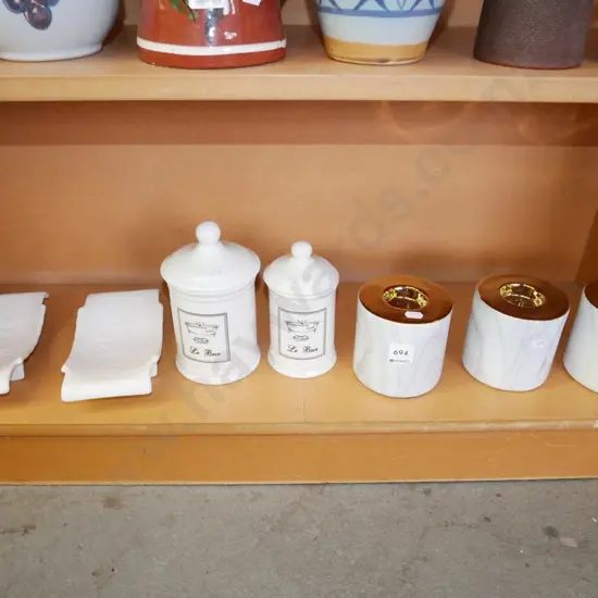 shelf, tea candle stands, ceramic lidded jars etc