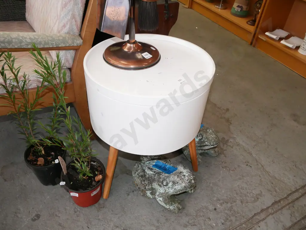 modern cylindrical side table with lift up top some cracks to top Image 1++