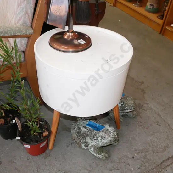 modern cylindrical side table with lift up top some cracks to top