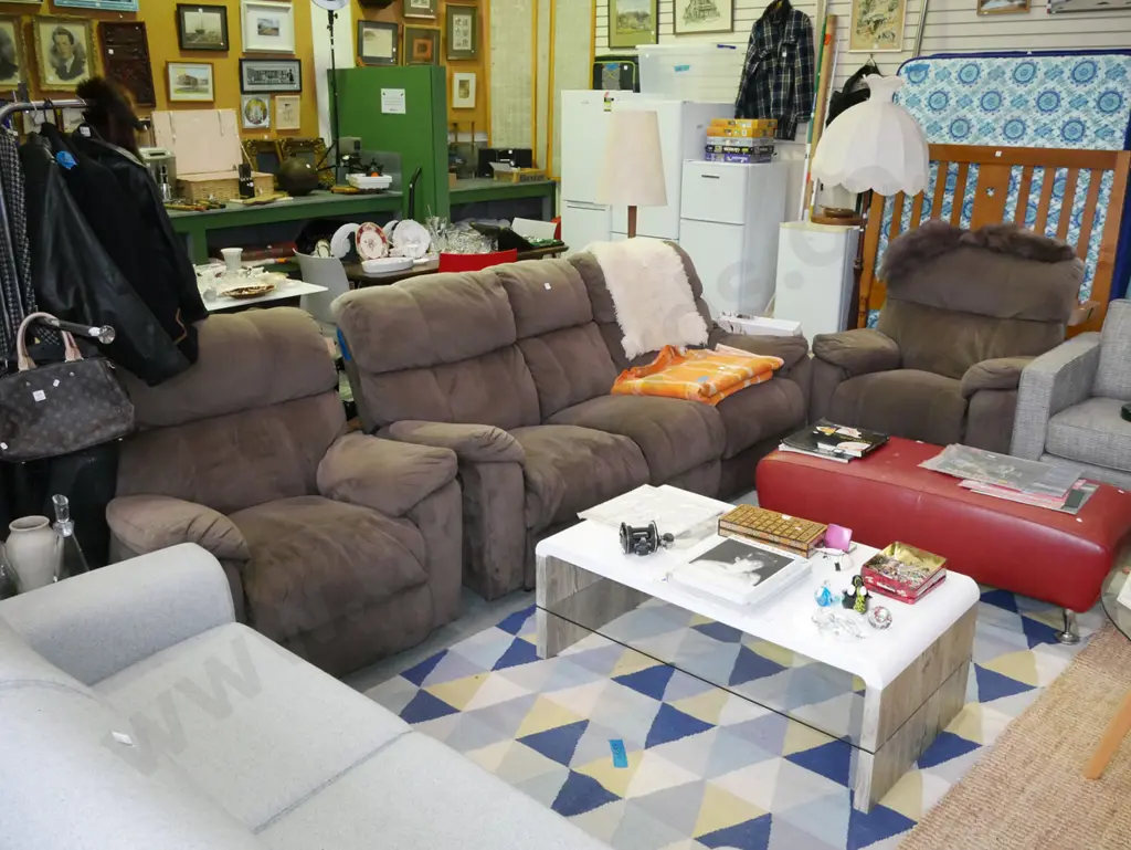 brown suedette upholstered 3 piece reclining lounge suite, 1 x 3 seater & 2 singles Image 1++