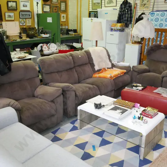 brown suedette upholstered 3 piece reclining lounge suite, 1 x 3 seater & 2 singles