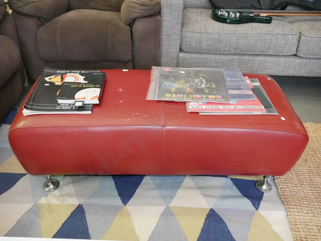 chrome & red vinyl ottoman, cracks to vinyl Image 1++