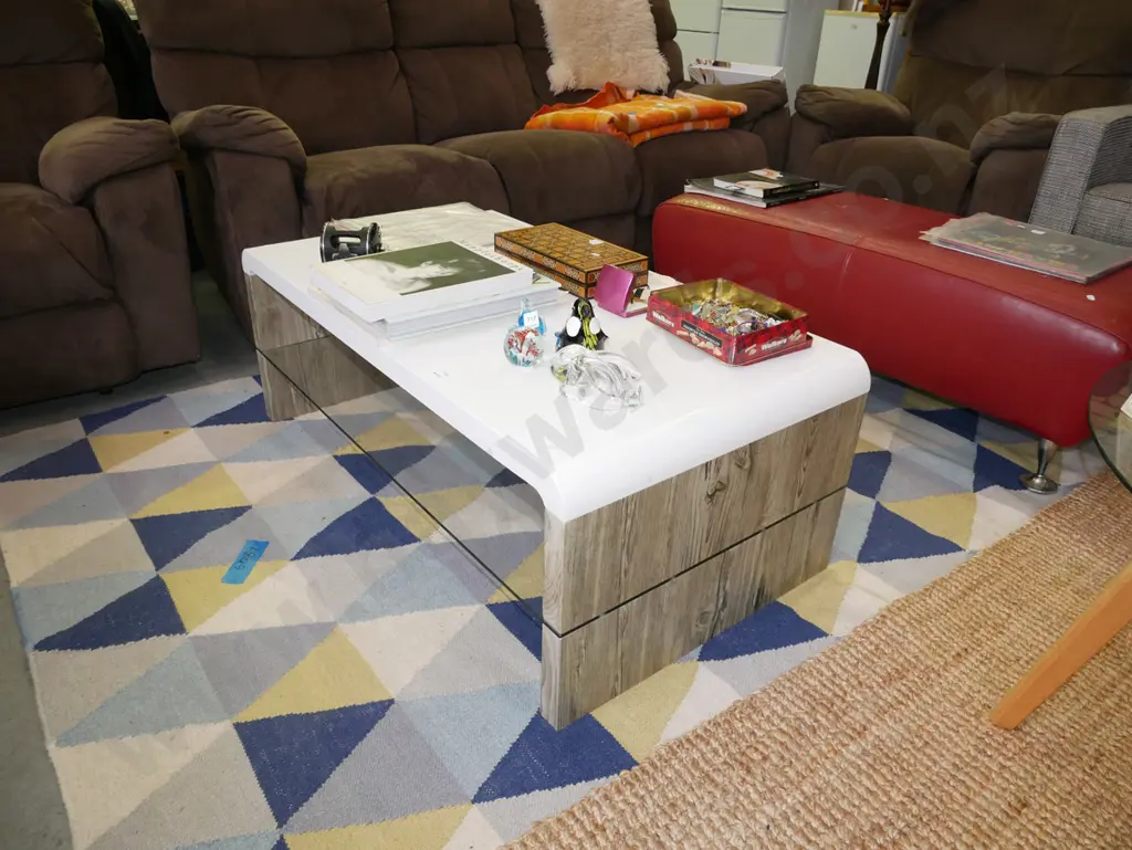 contemporary faux wood glass white plastic topped coffee table H-400 W-1060 D-600 Image 1++