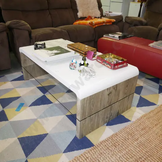 contemporary faux wood glass white plastic topped coffee table H-400 W-1060 D-600