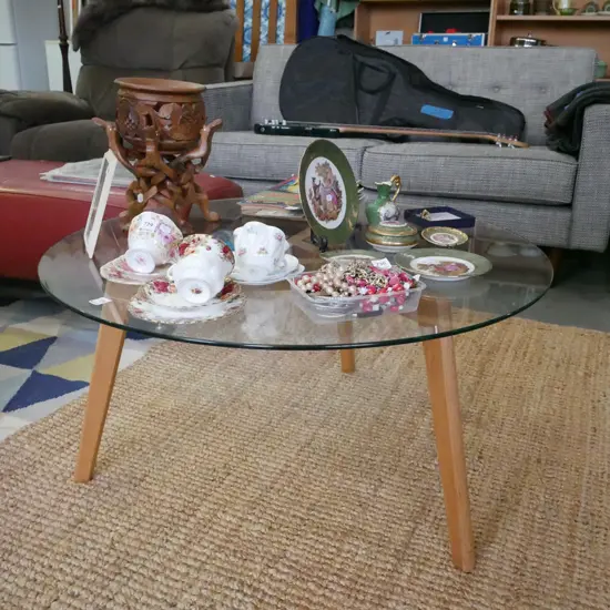 contemporary wood based glass top circular coffee table H-450 D-860