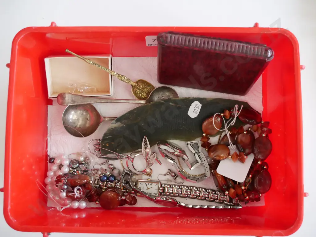 plastic container, costume jewellery, wristwatches, spoons etc Image 1++