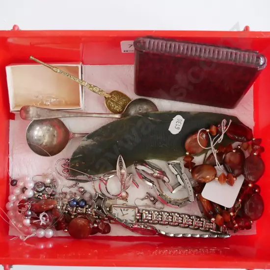 plastic container, costume jewellery, wristwatches, spoons etc