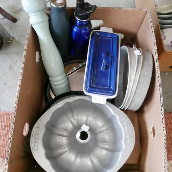 box; tall pepper grinder, casserole, cake tins etc