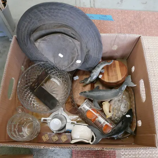 box; glass bowl, animal figurines, hat, napkin rings etc